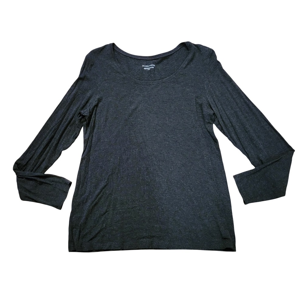 Eileen Fisher Charcoal Black Scoop Neck Long Sleeve Stretch Top M Neutral Comfy
